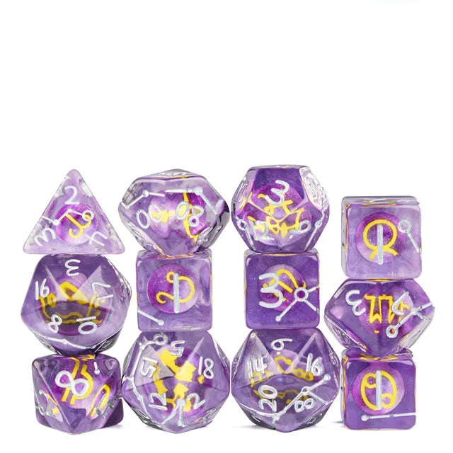 Purple Constellation 12pc Dice Set inked in Silver