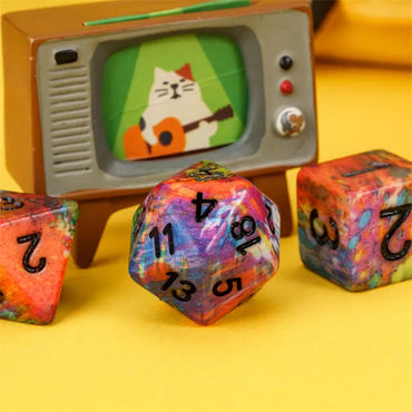 Multi-Colour Blue Mix Pattern 7pc Dice Set inked in Red