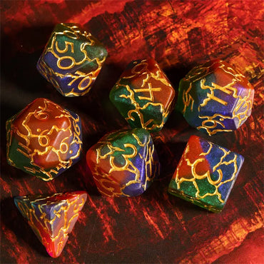 Blue Red and Green Cracks 7pc Dice Set Inked in Gold