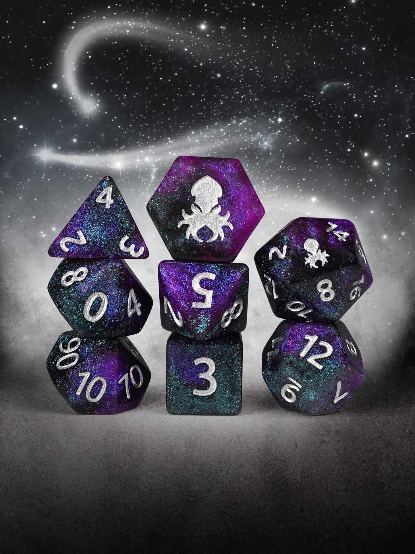 Amethyst White Magick 8pc Dice Set inked in Silver