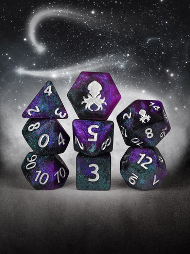 Amethyst White Magick 8pc Dice Set inked in Silver