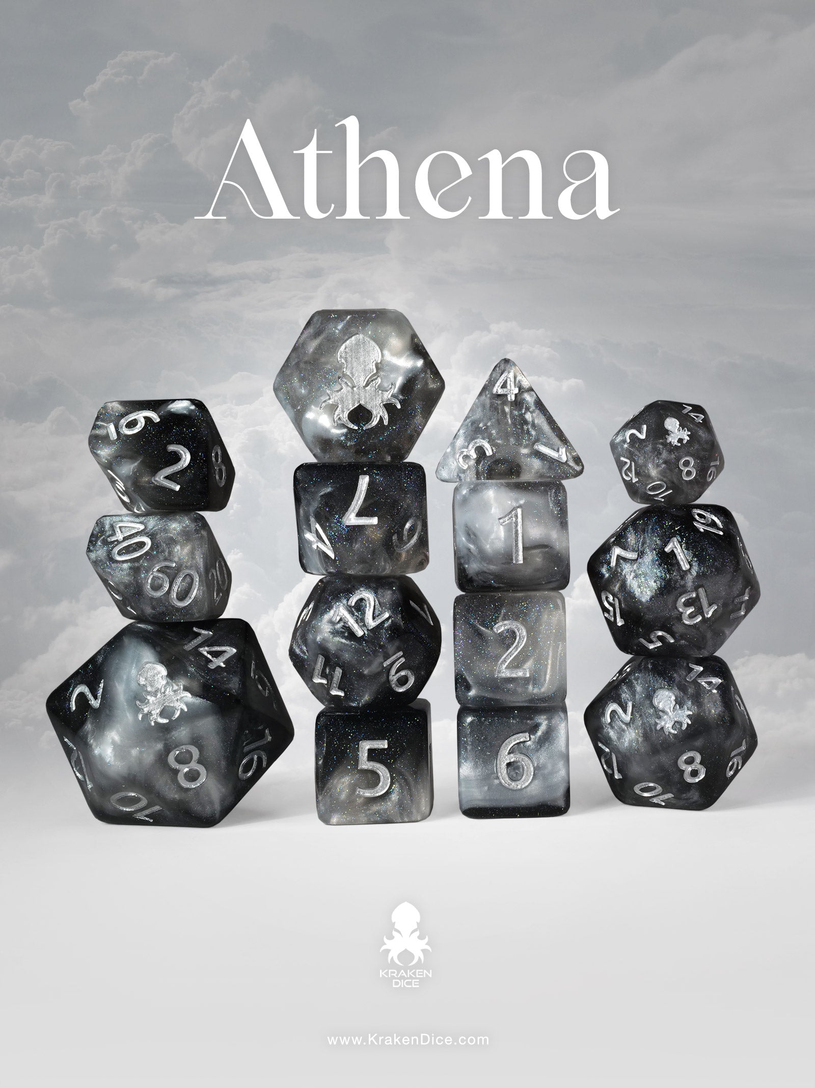 Athena 14pc Dice Set inked in Silver – Kraken Dice