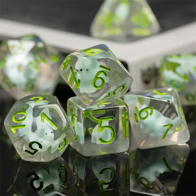 Baby Dino 7pc Dice Set Inked in Green by Udixi Dice Company