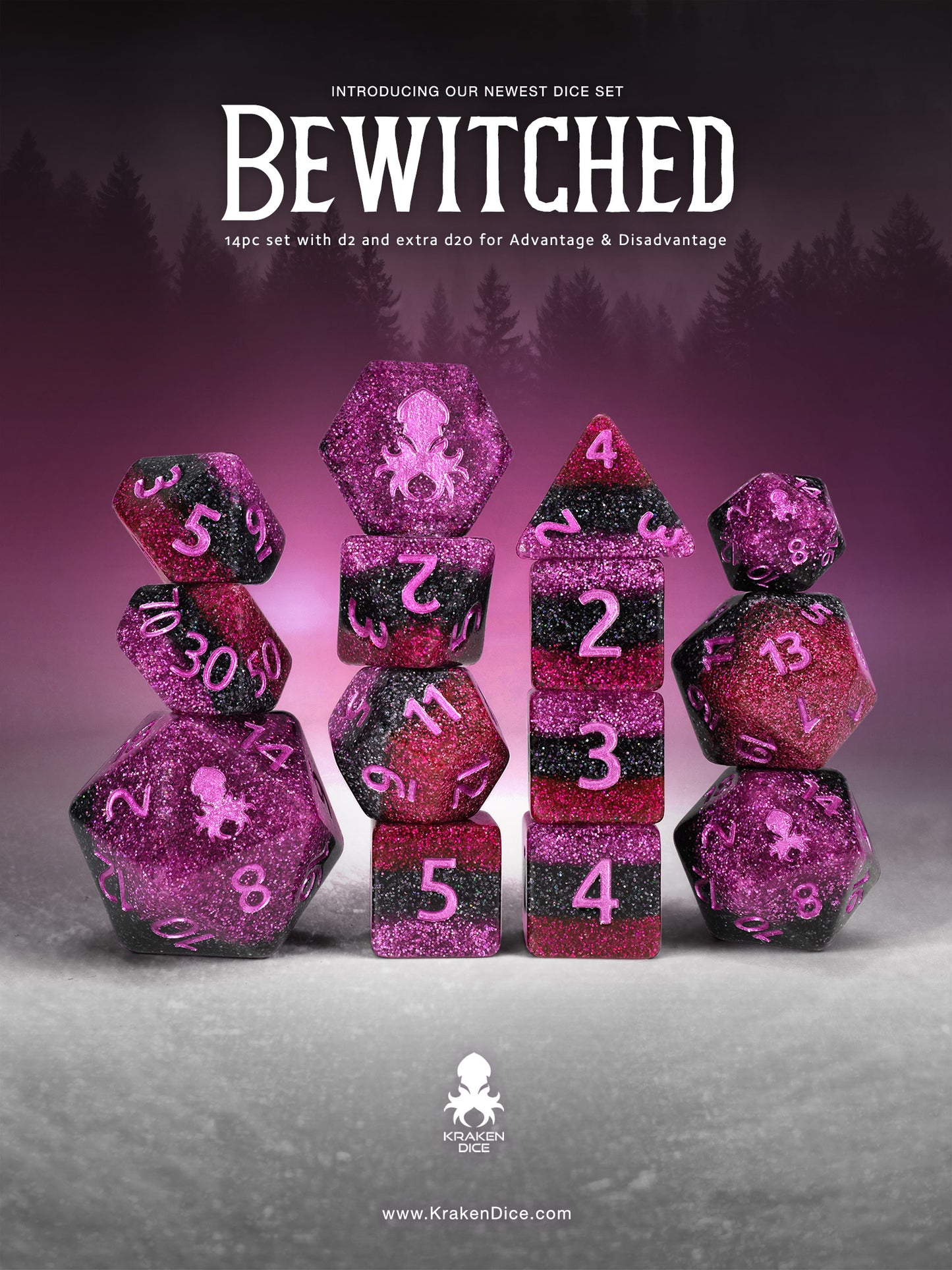 Bewitched 14pc Dice Set Inked in Pink
