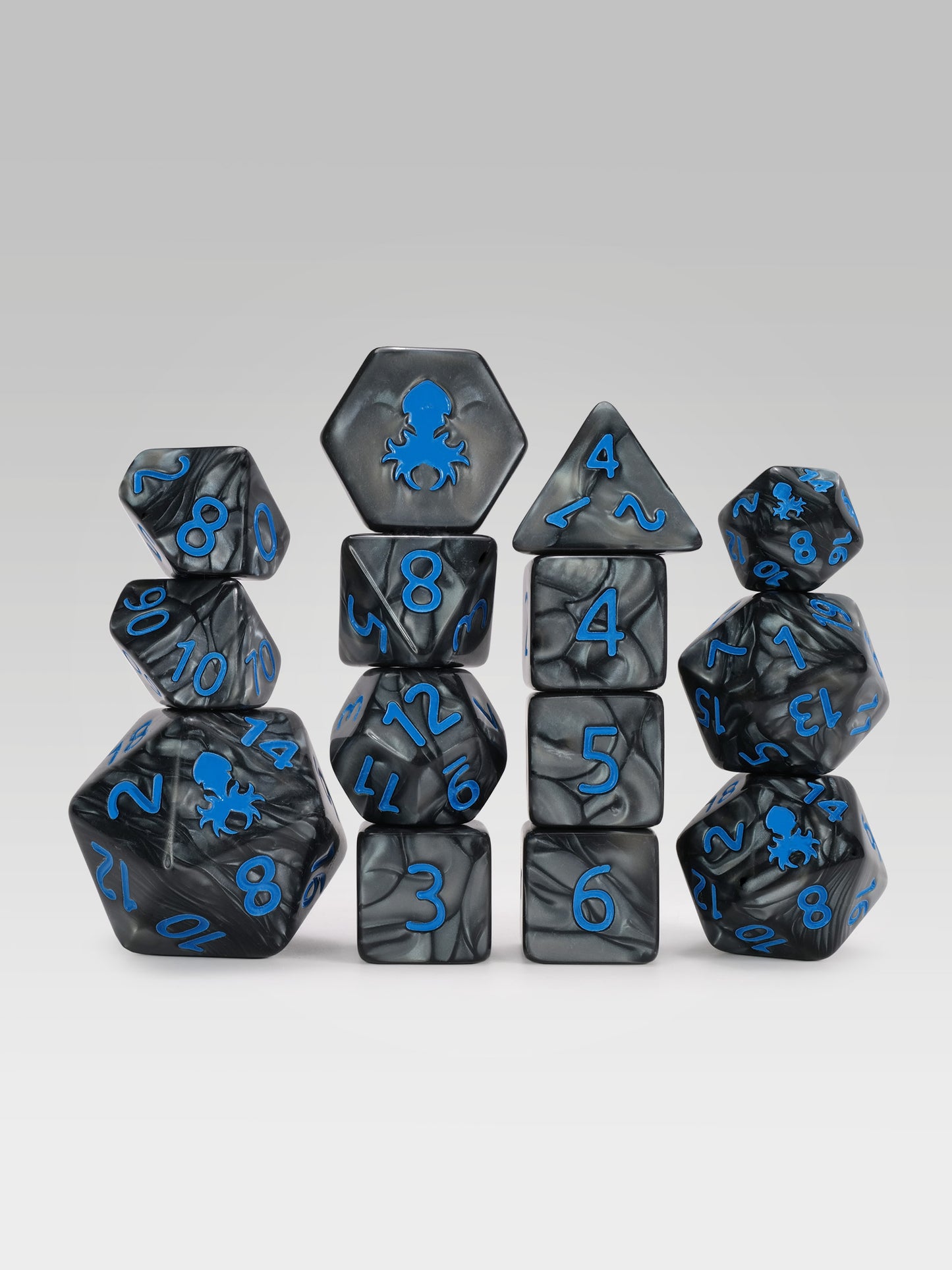 Kraken's Signature Black 14pc Dice Set inked in Blue