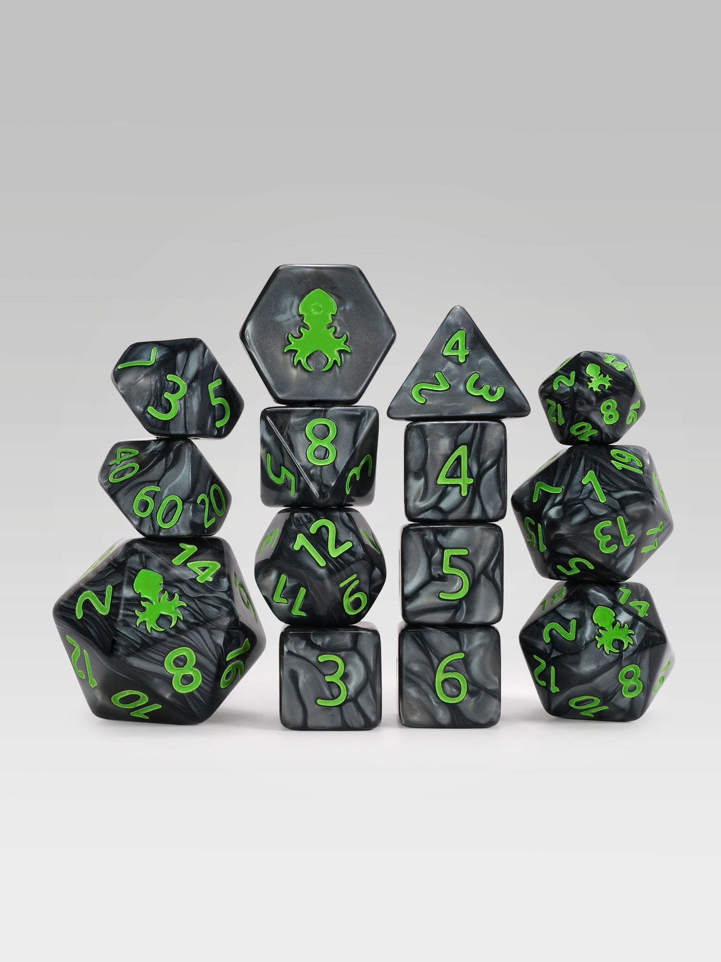 Kraken's Signature Black 14pc Dice Set inked in Green