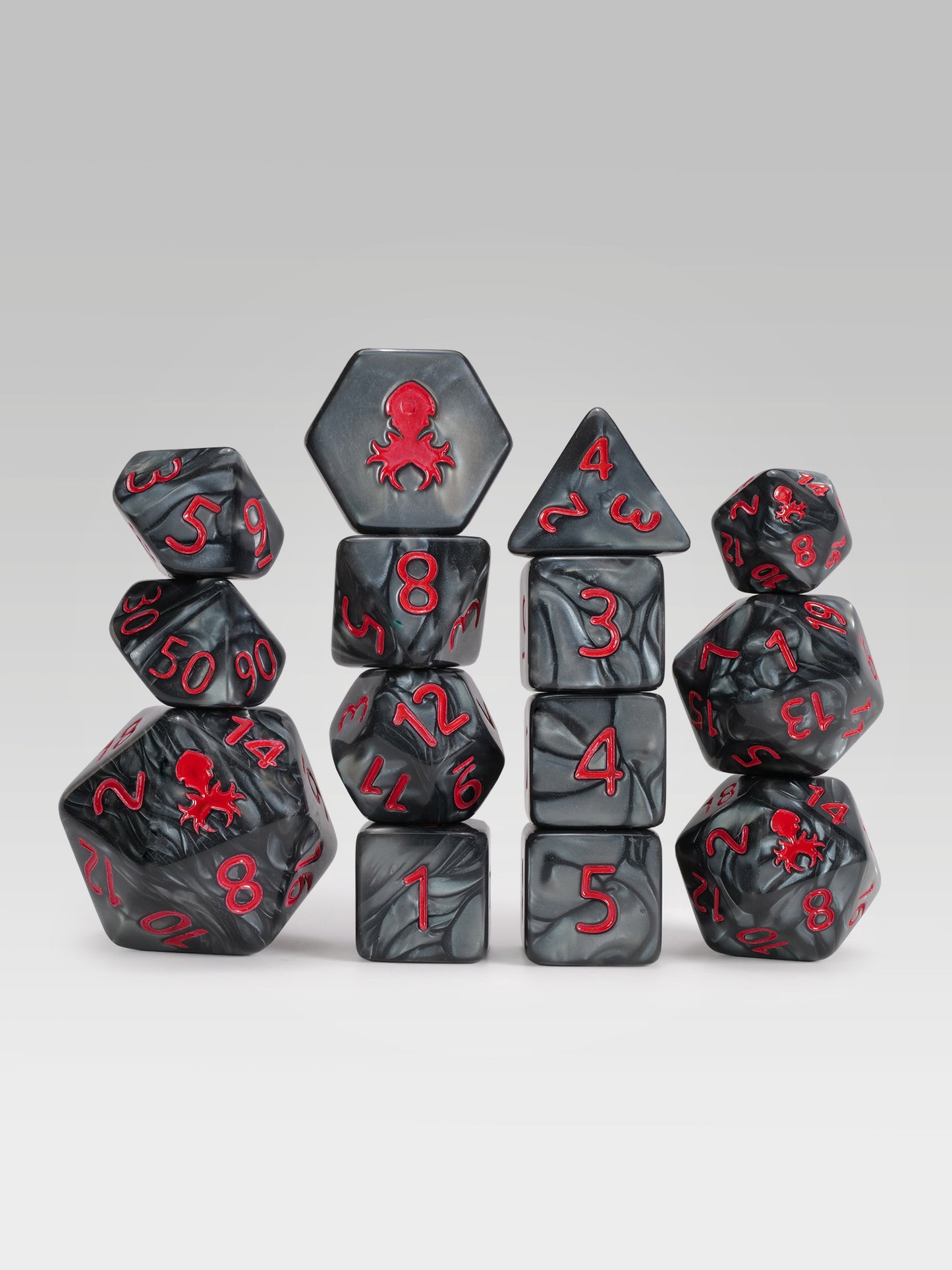 Kraken's Signature Black 14pc Dice Set inked in Red