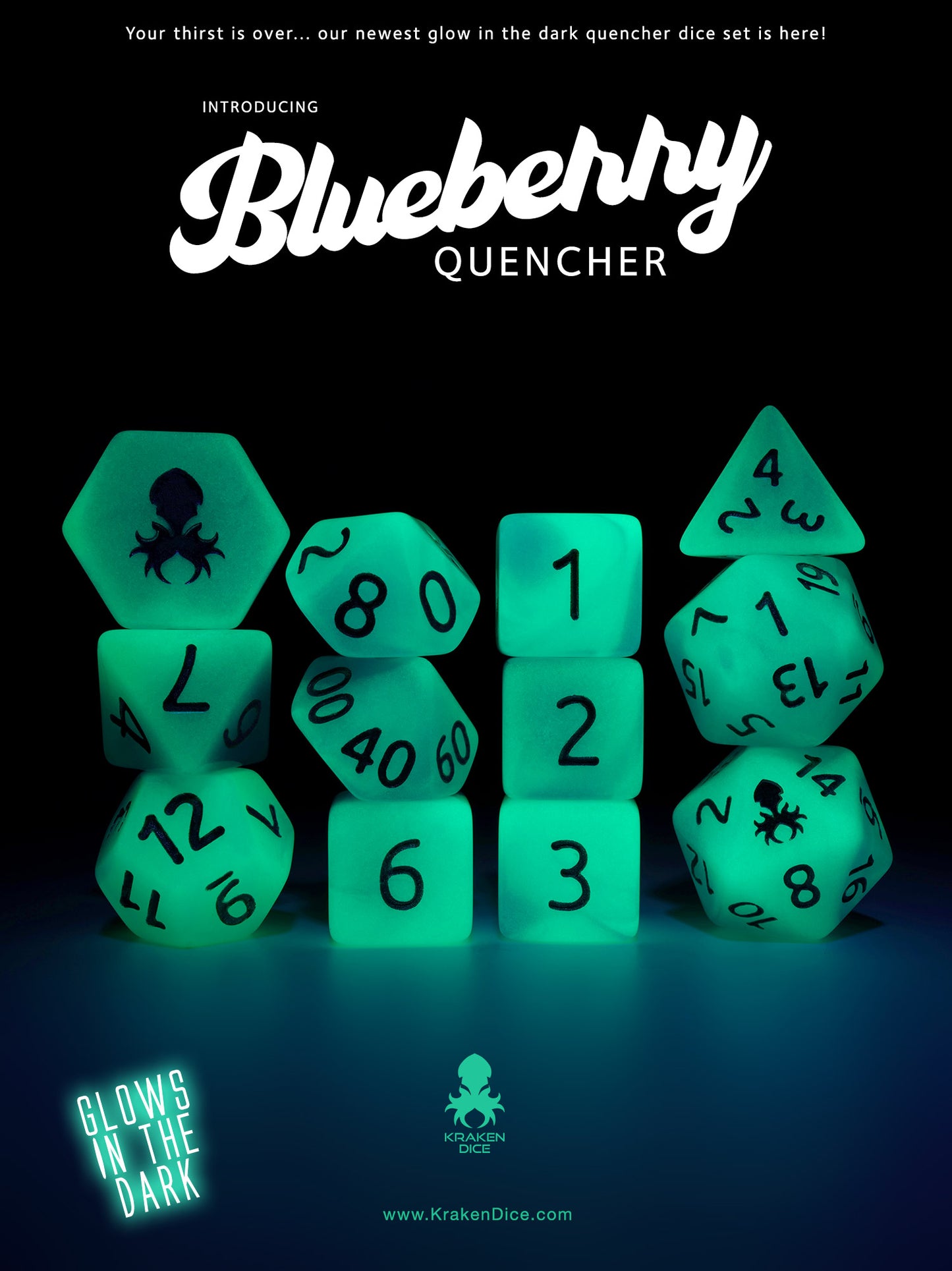 Blueberry Quencher Glow in the Dark 12pc Dice Set inked in Silver