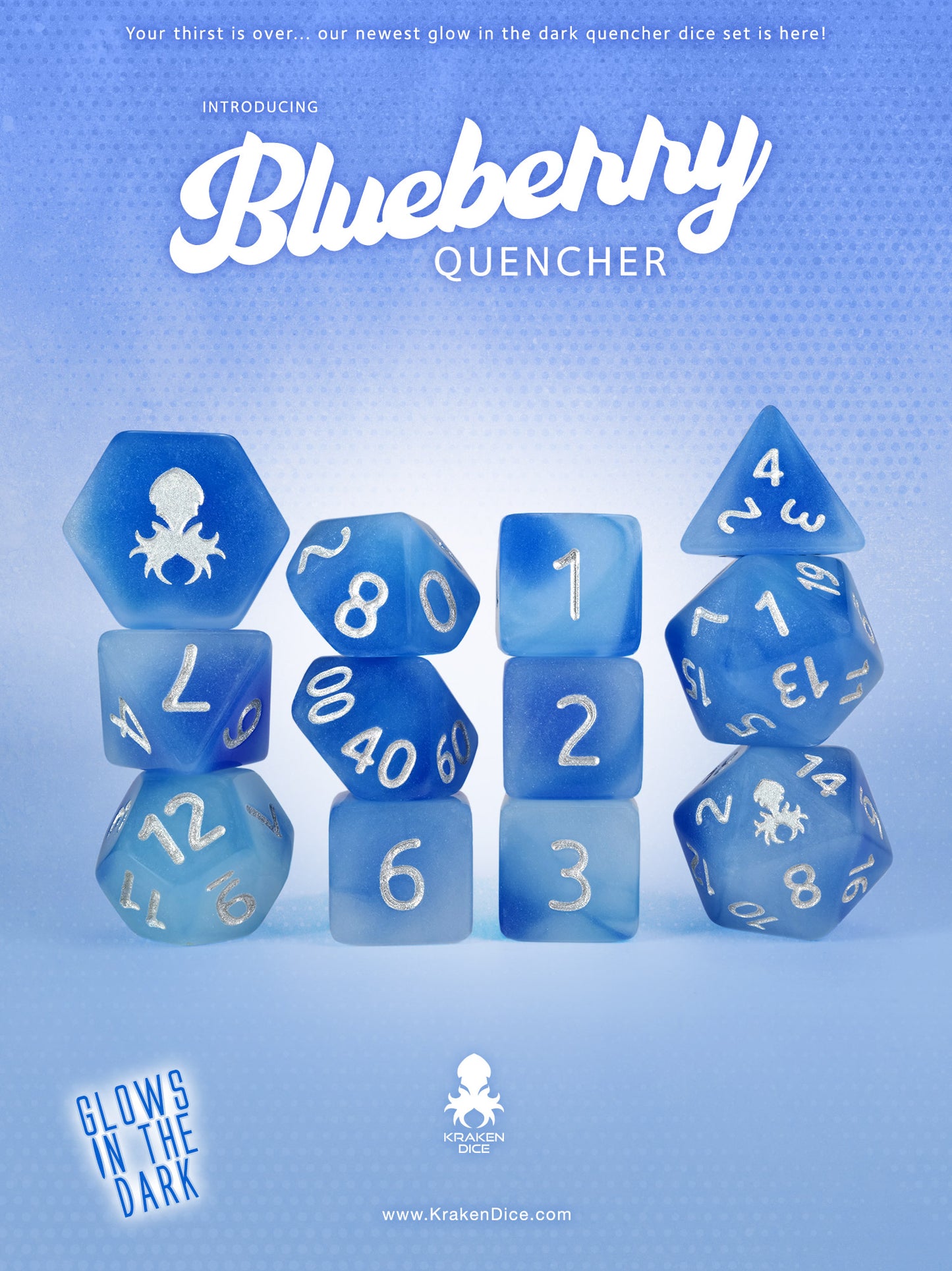 Blueberry Quencher Glow in the Dark 12pc Dice Set inked in Silver