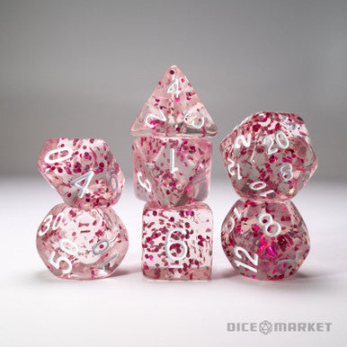Clear with Pink Glitter White Ink 7pc Dice Set