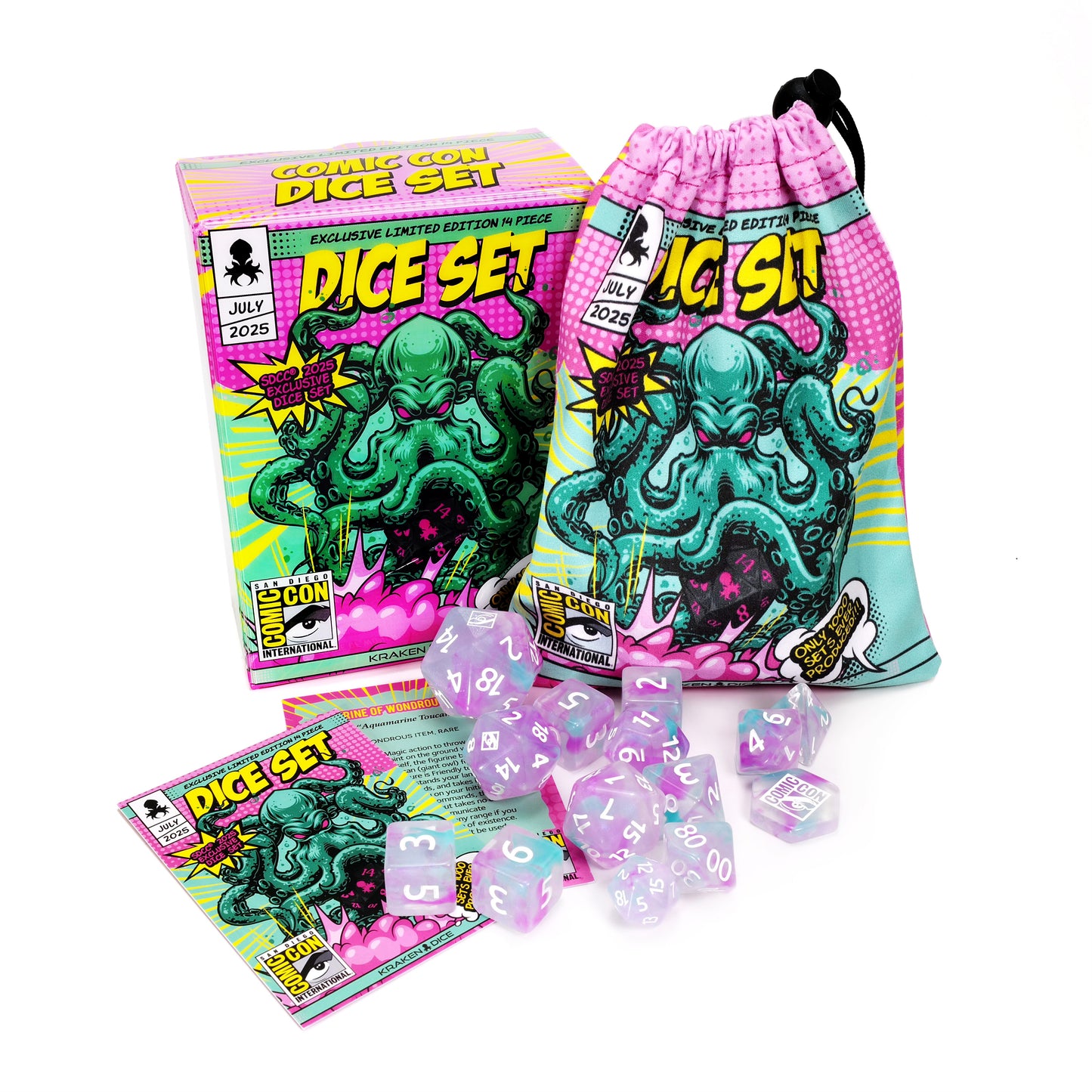 Dice set with packaging and drawstring bag featuring a cthulhu design on a white background