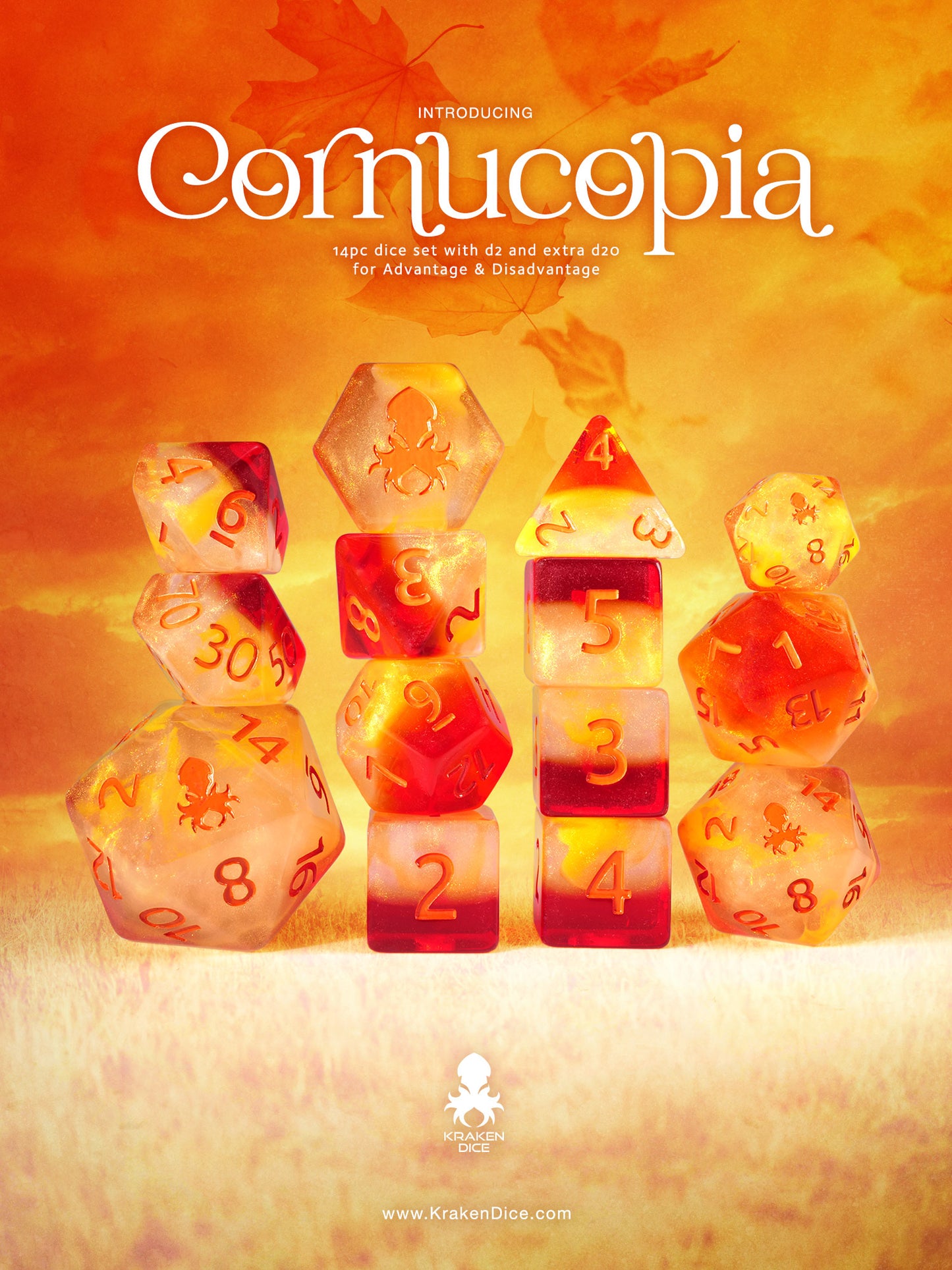 Cornucopia 14pc Dice Set inked in Orange