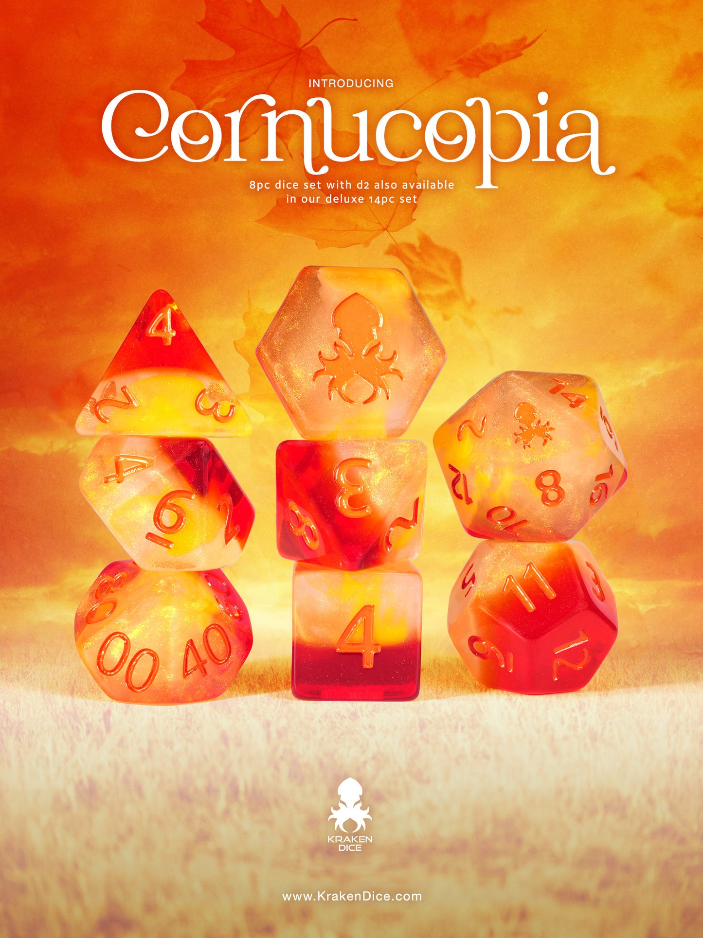 Cornucopia 8pc Dice Set inked in Orange