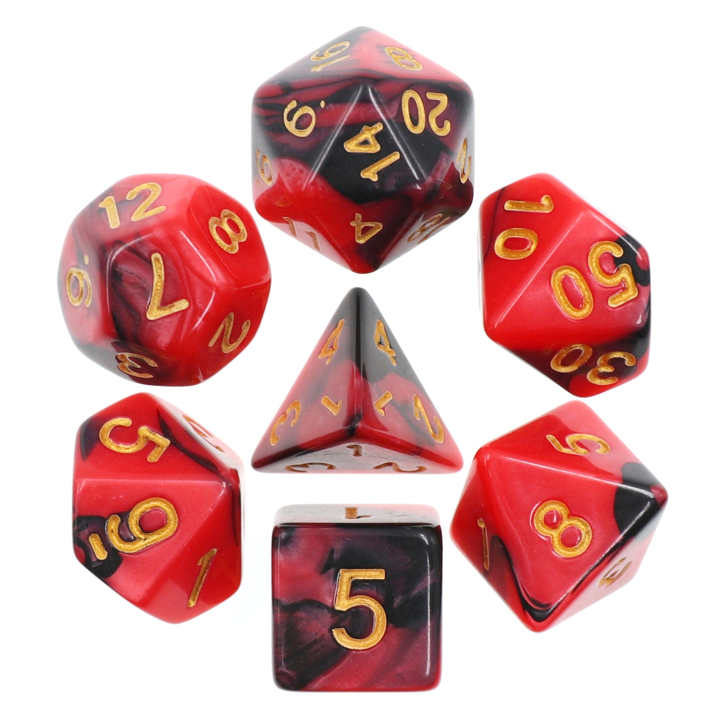 7pc Black Red Blended Polyhedral Dice Set