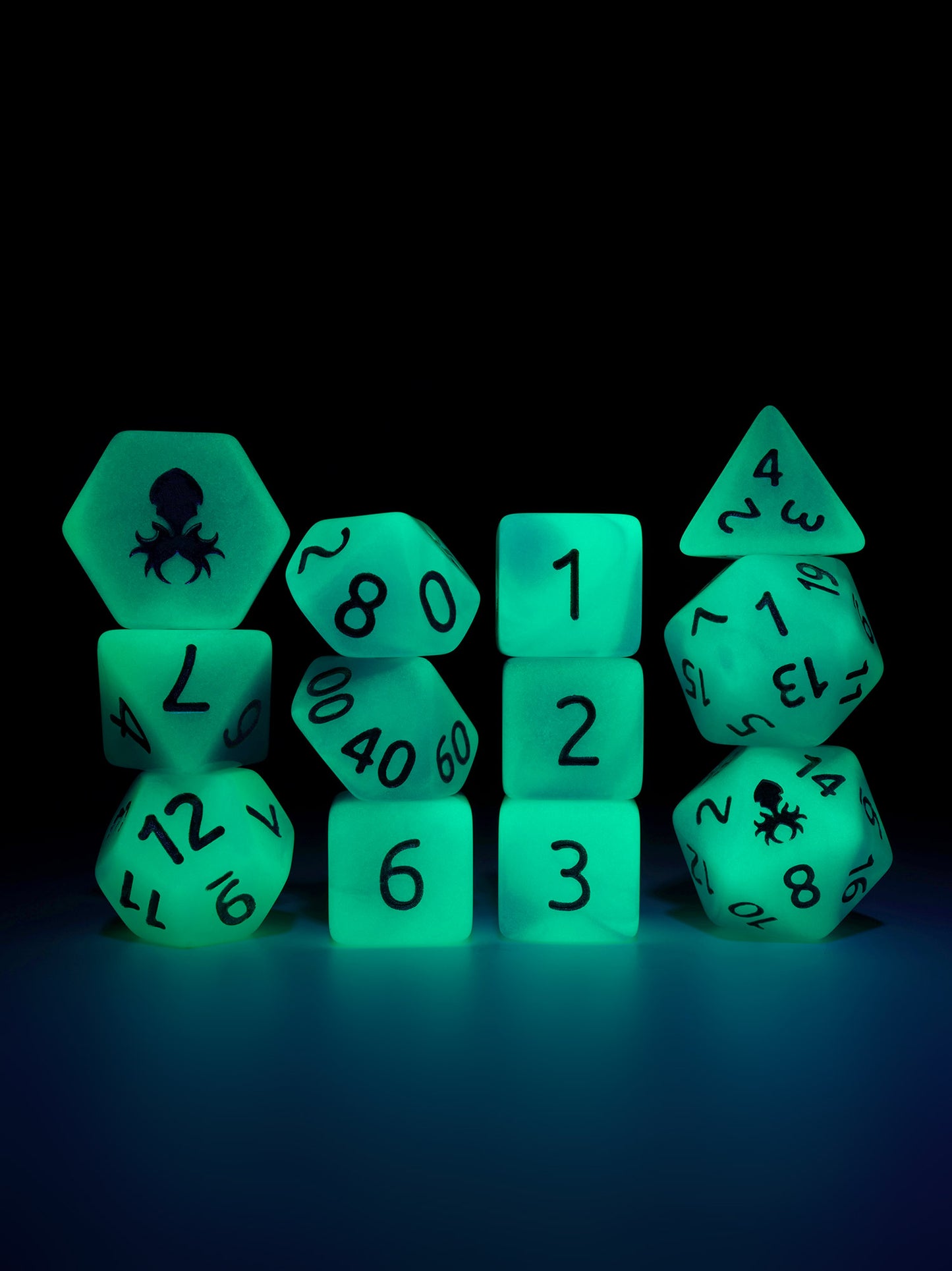 Blueberry Quencher Glow in the Dark 12pc Dice Set inked in Silver