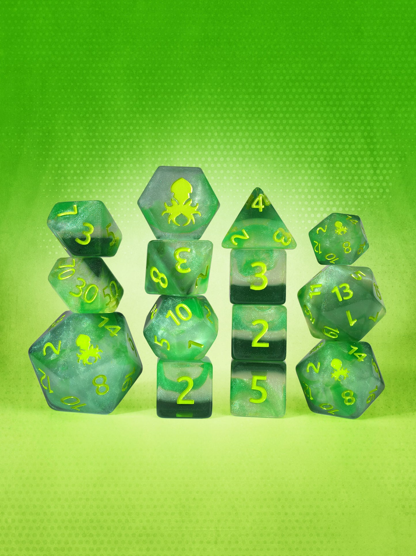 Frankenlime 14pc Dice Set Inked in Green