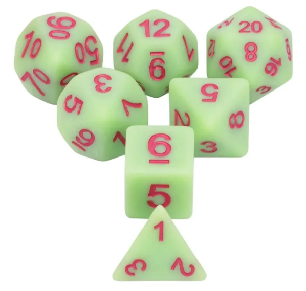 Green Elves 7pc Dice Set Inked in Red