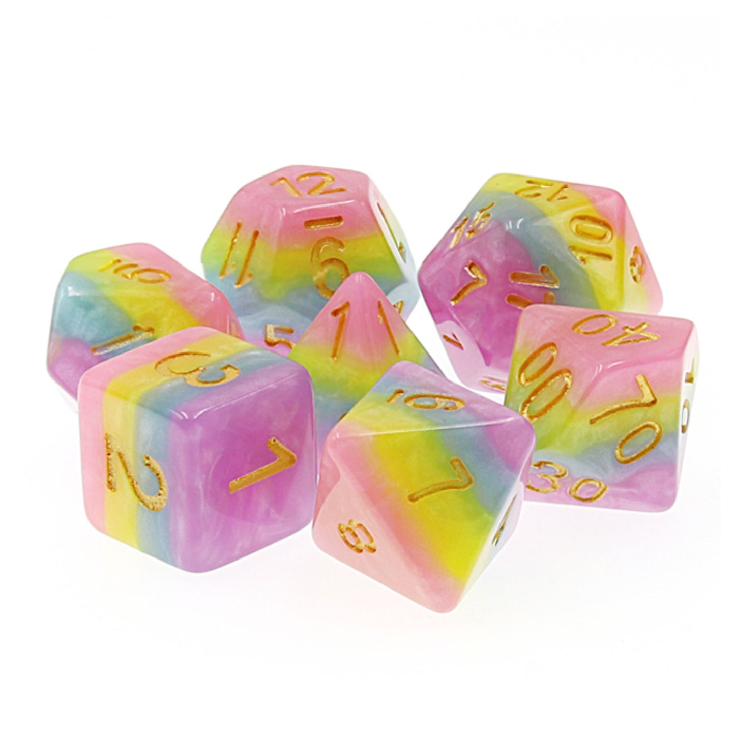 Pastel Rainbow 7pc Dice Set Inked in Gold