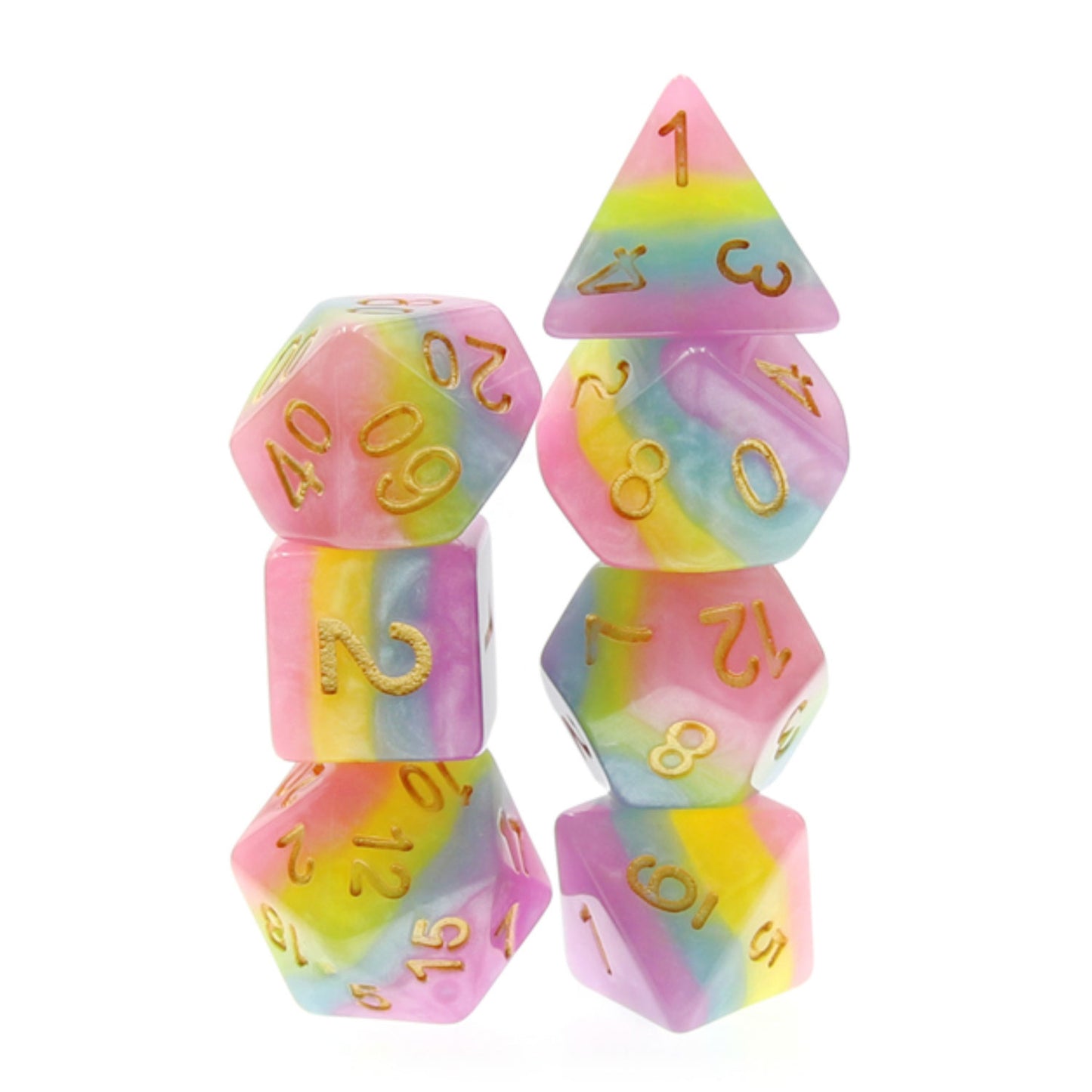 Pastel Rainbow 7pc Dice Set Inked in Gold