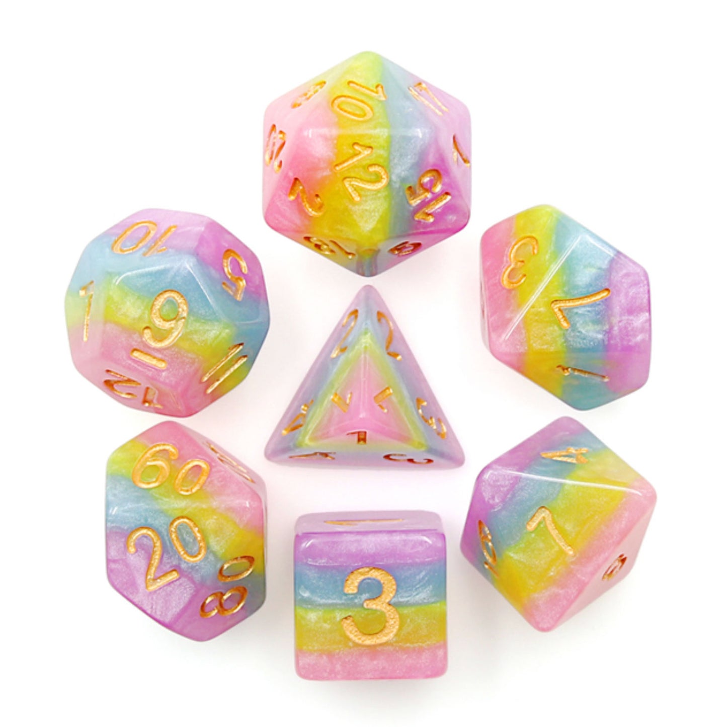 Pastel Rainbow 7pc Dice Set Inked in Gold