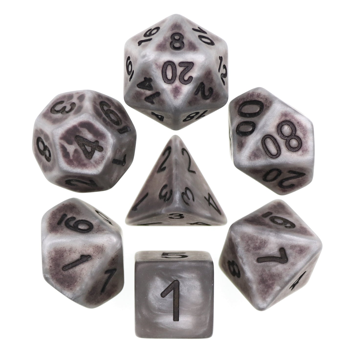 Ancient Silver 7pc Dice Set Inked in Black