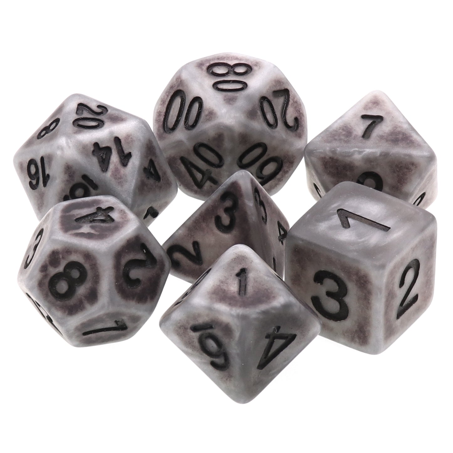 Ancient Silver 7pc Dice Set Inked in Black