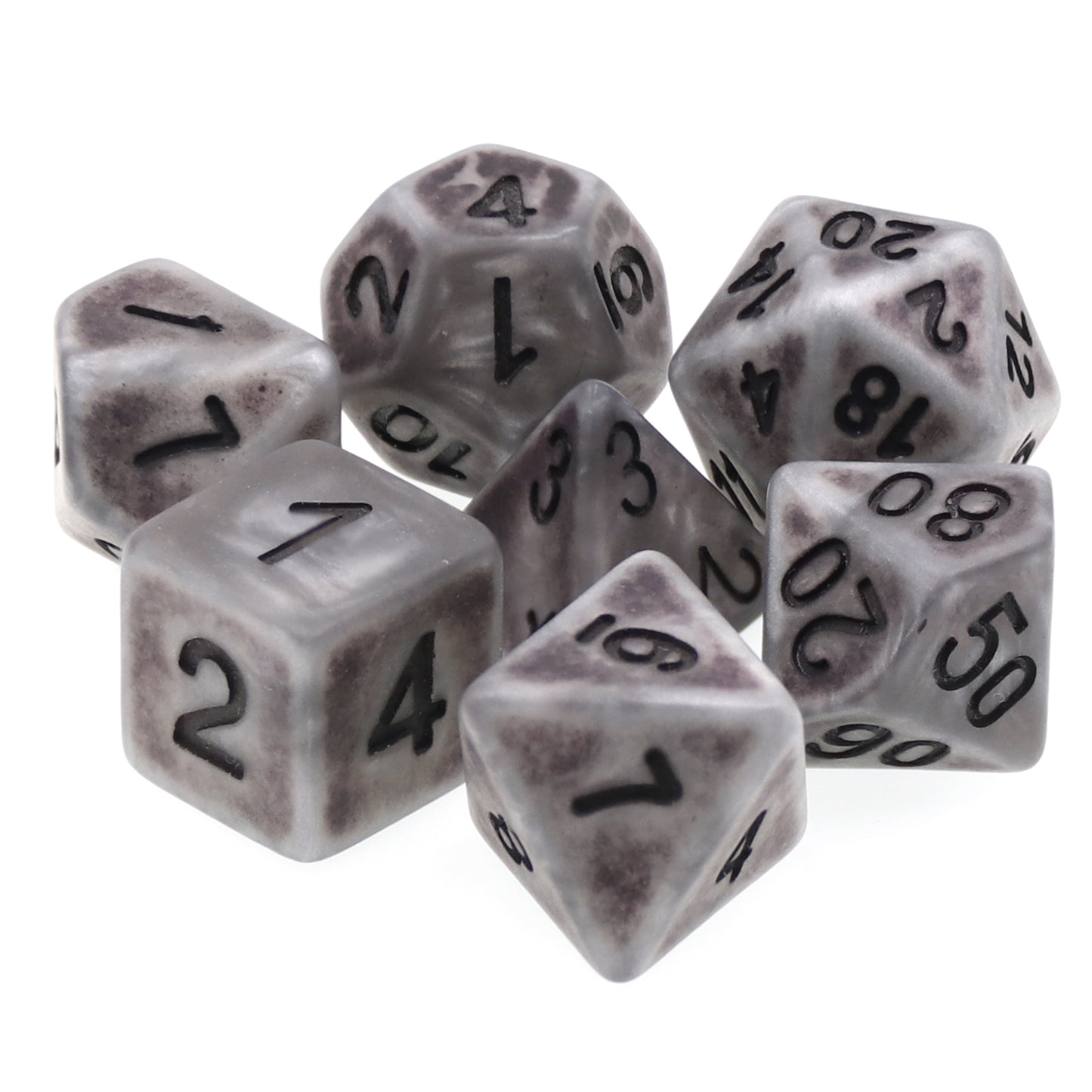Ancient Silver 7pc Dice Set Inked in Black