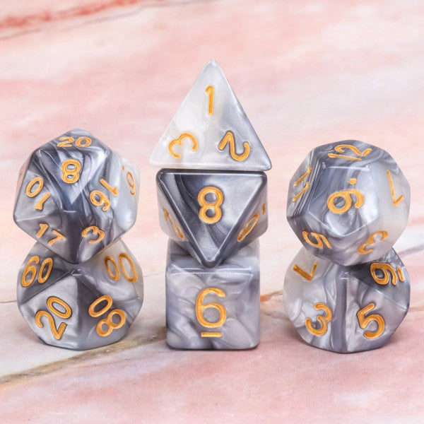 Black + White Pearl 7pc Dice Set inked in Gold