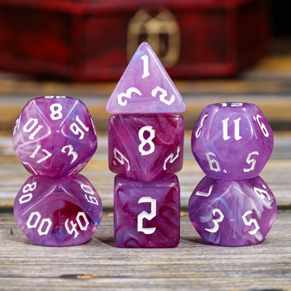 Violet Swirls 7pc Dice Set inked in White