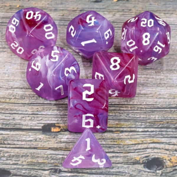 Violet Swirls 7pc Dice Set inked in White