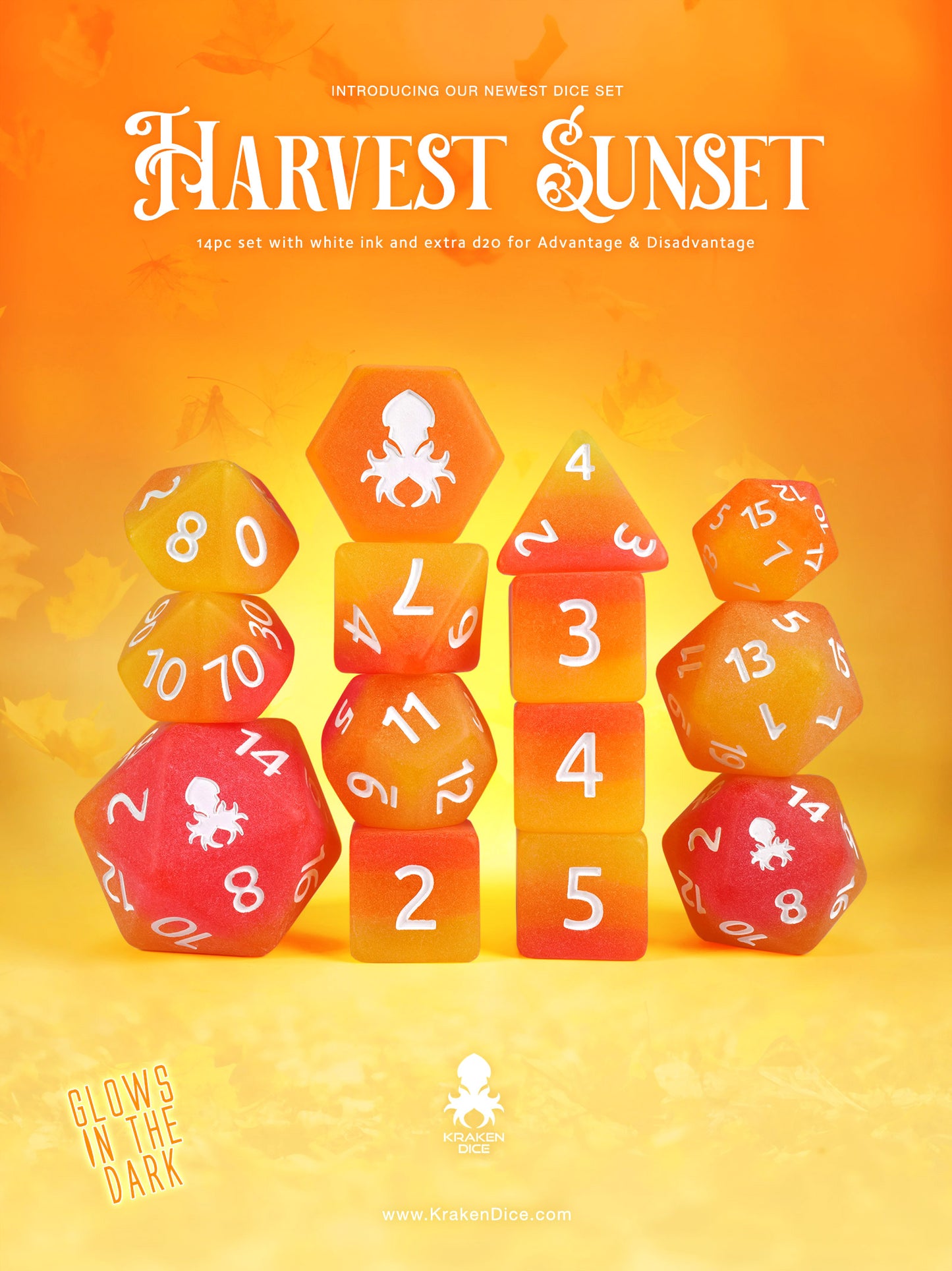 Harvest Sunset Glow in the Dark 14pc Dice Set Inked in White
