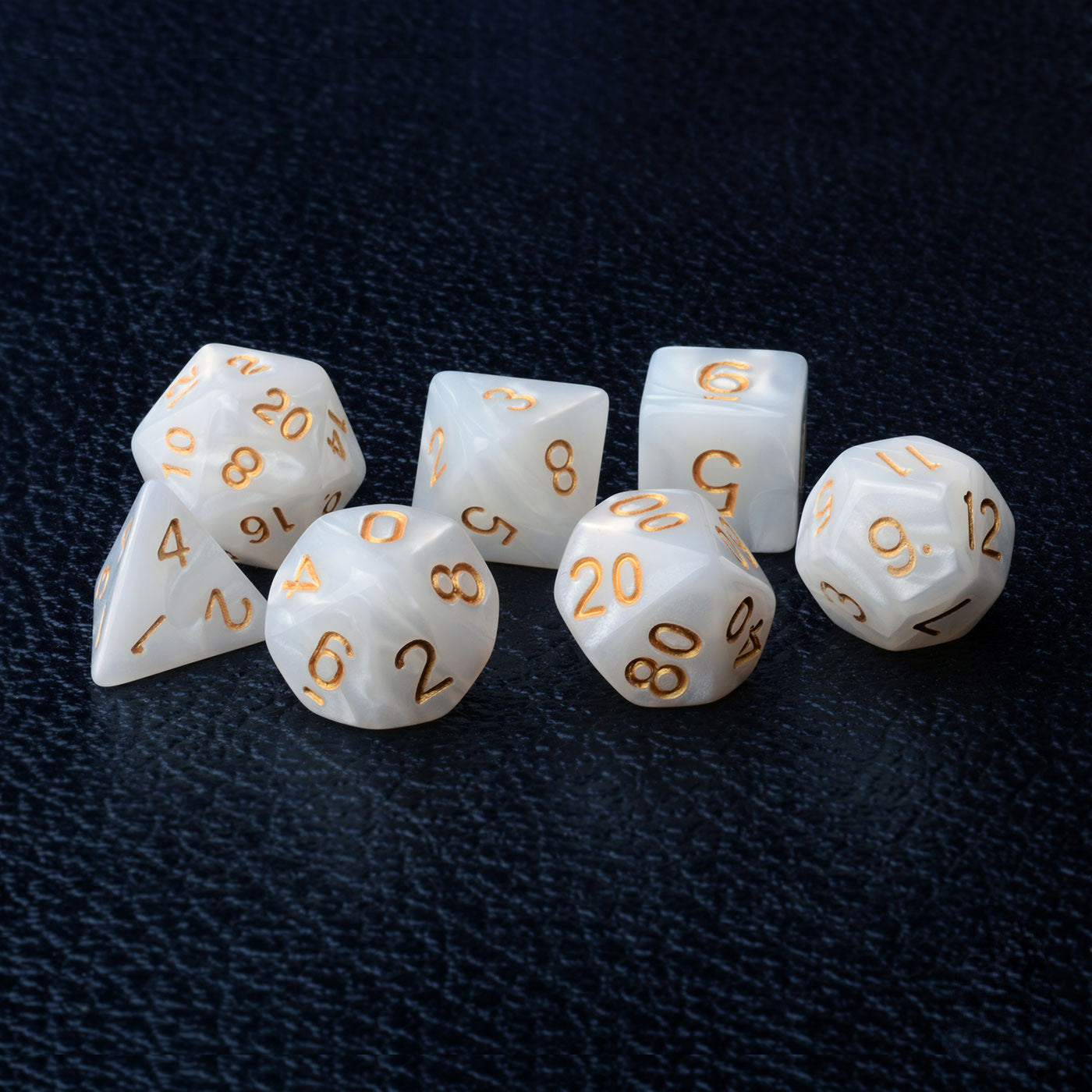 White Pearl 7pc Dice Set Inked in Gold