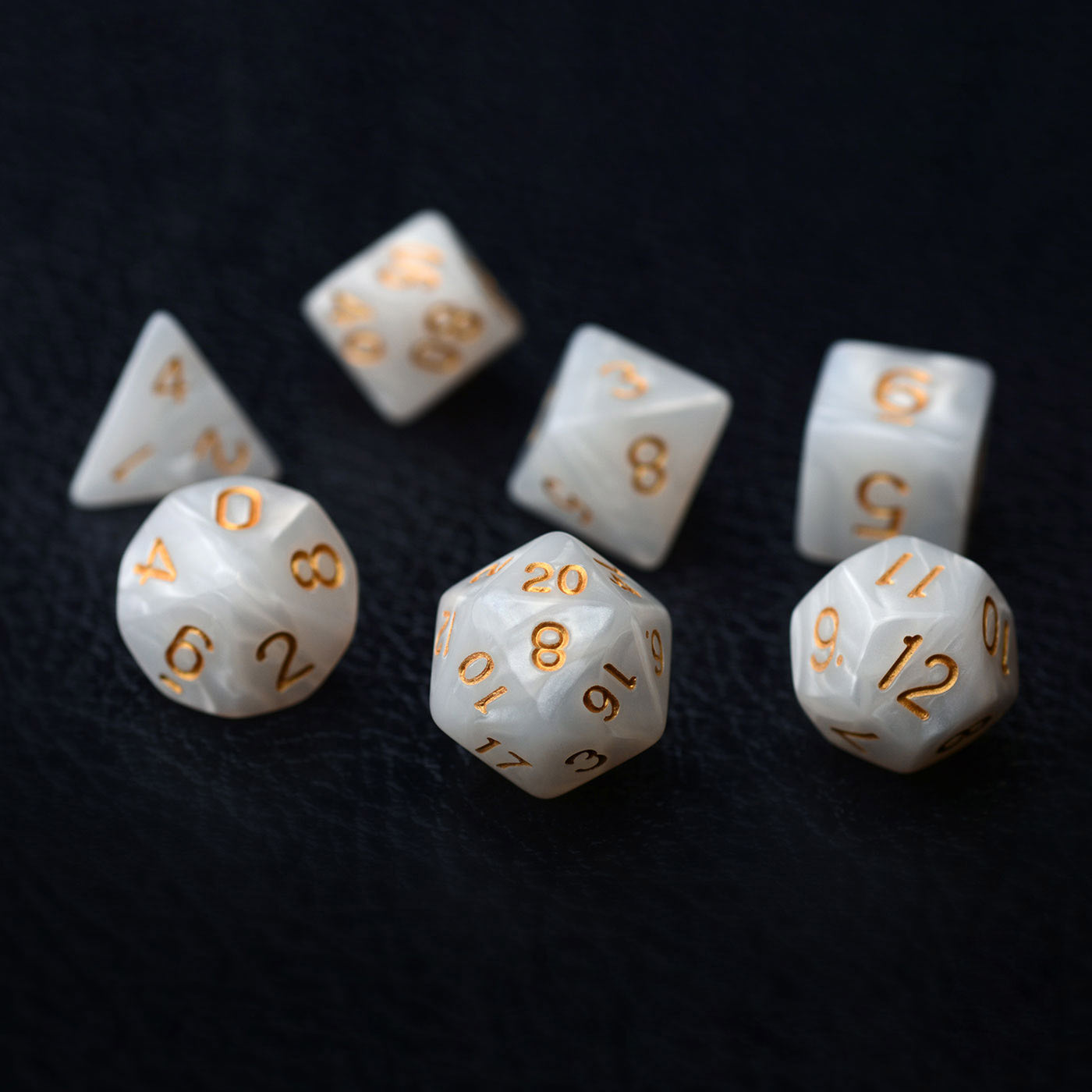 White Pearl 7pc Dice Set Inked in Gold