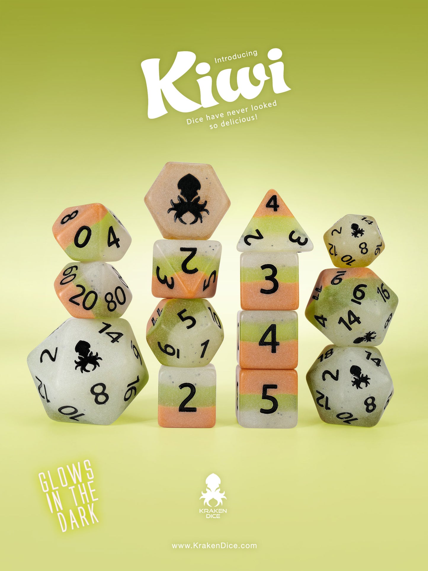 Kiwi Glow in the Dark 14pc Dice Set inked in Black