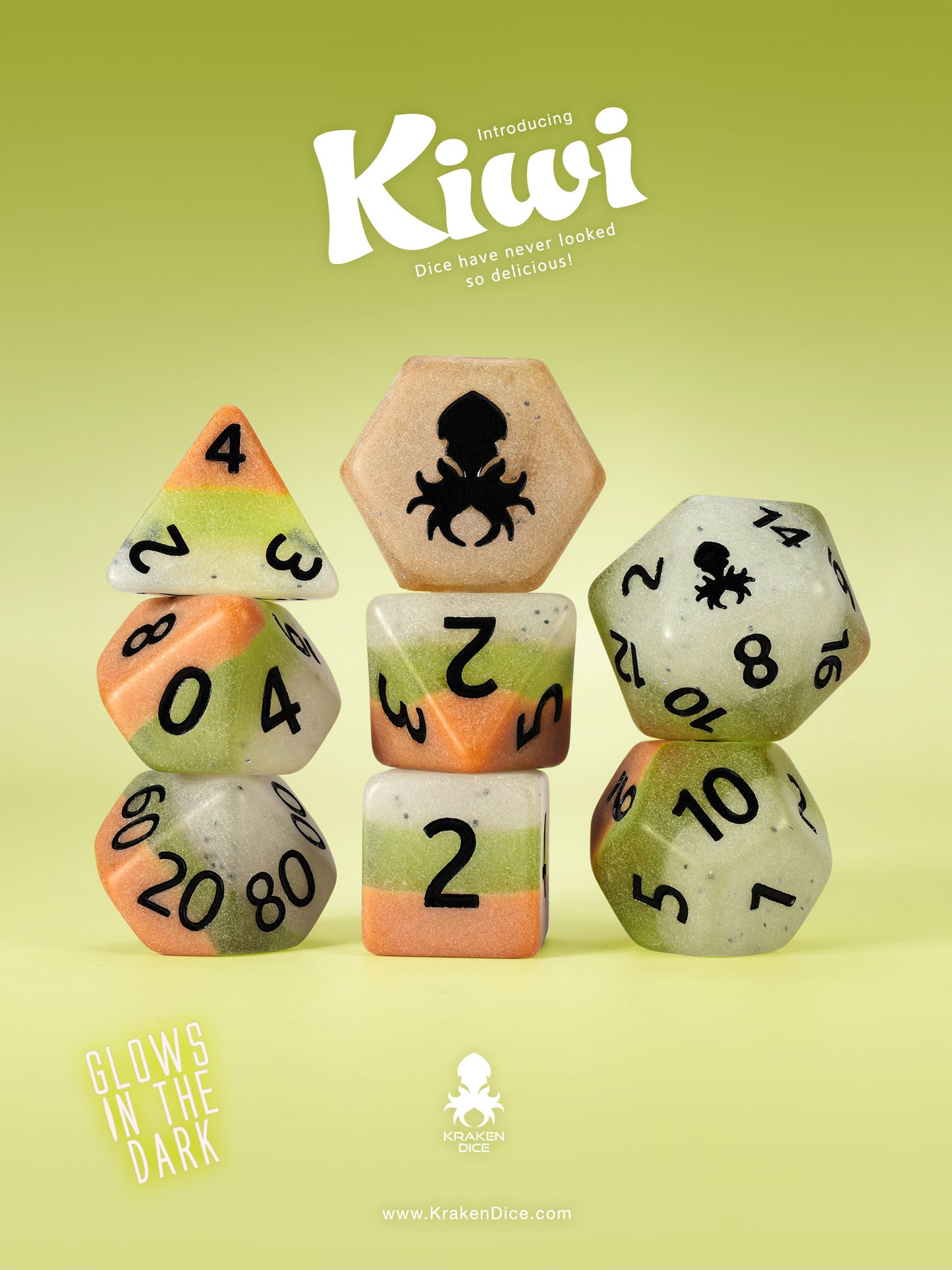 Kiwi Glow in the Dark 8pc Dice Set inked in Black