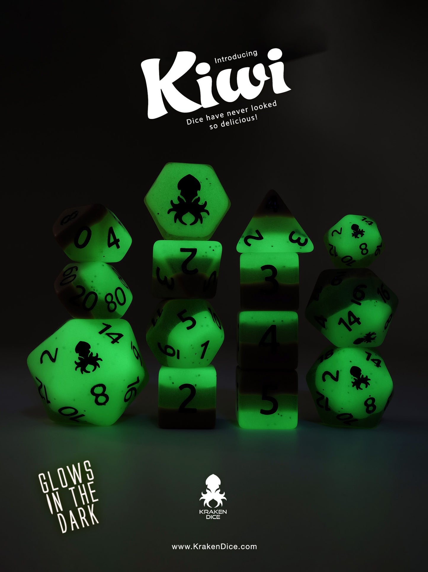 Kiwi Glow in the Dark 14pc Dice Set inked in Black