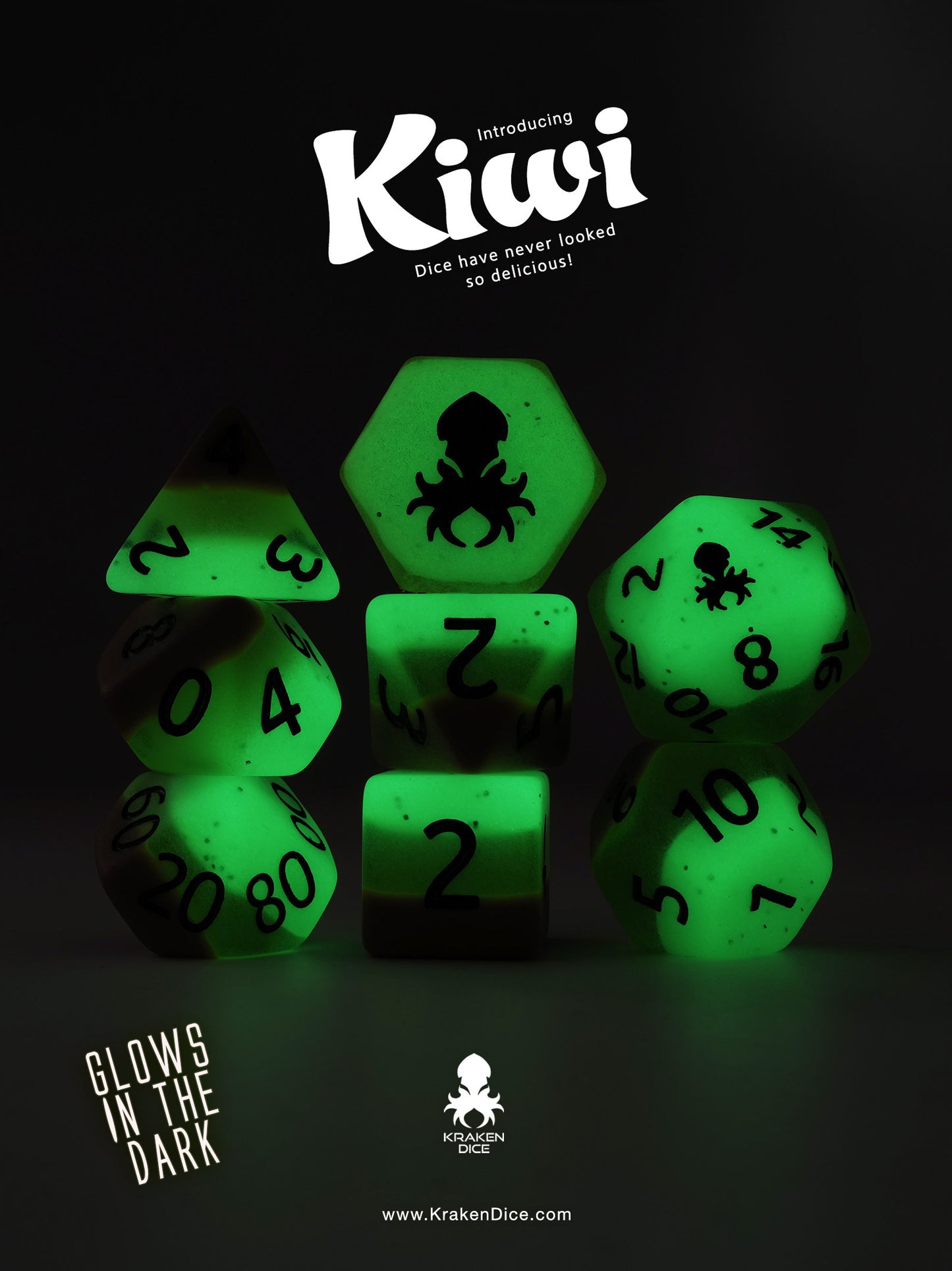 Kiwi Glow in the Dark 8pc Dice Set inked in Black