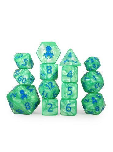 Kraken's Signature Green 14pc Dice Set inked in Blue