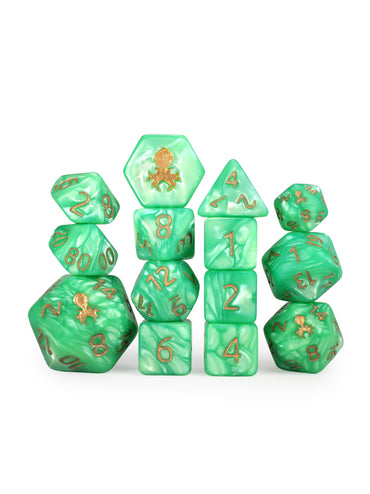Kraken's Signature Green 14pc Dice Set inked in Gold