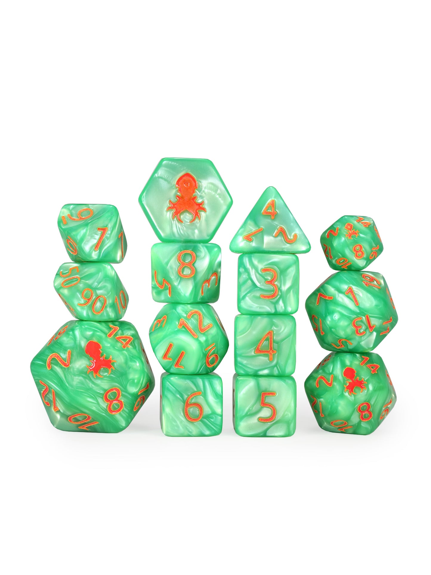 Kraken's Signature Green 14pc Dice Set inked in Orange