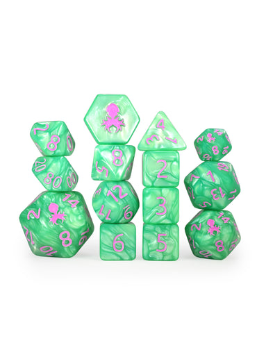Kraken's Signature Green 14pc Dice Set inked in Pink