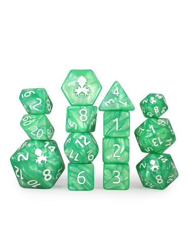 Kraken's Signature Green 14pc Dice Set inked in Silver