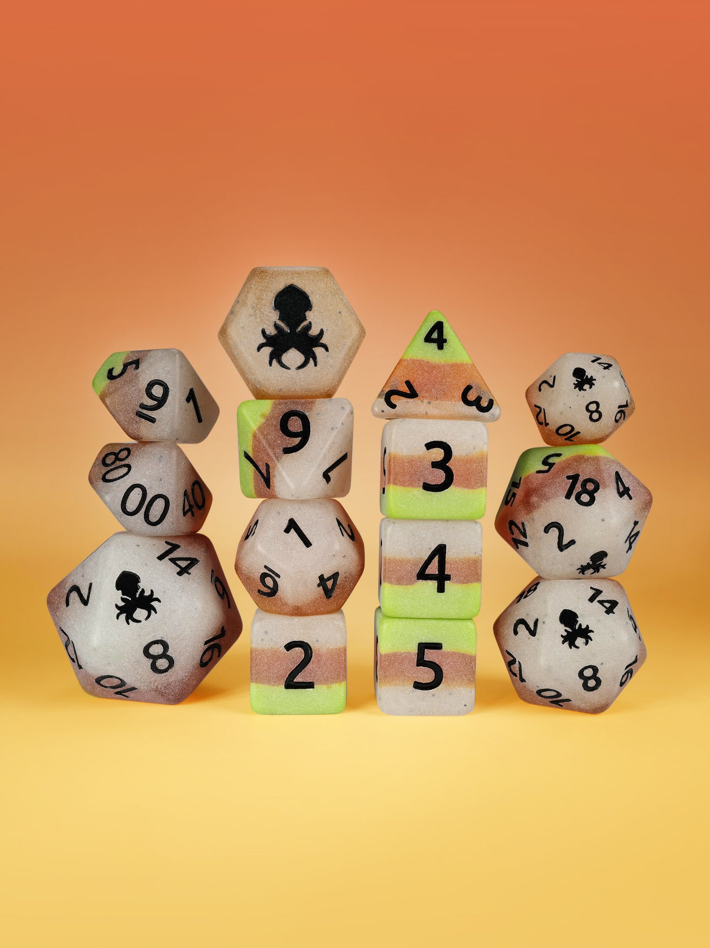 Papaya Glow in the Dark 14pc Dice Set inked in Black