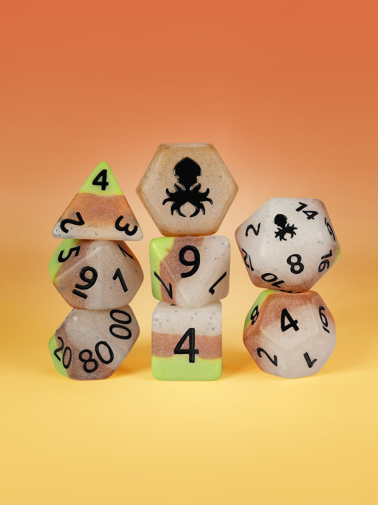 Papaya Glow in the Dark 8pc Dice Set inked in Black