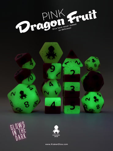 Pink Dragon Fruit Glow in the Dark 14pc Dice Set inked in Green