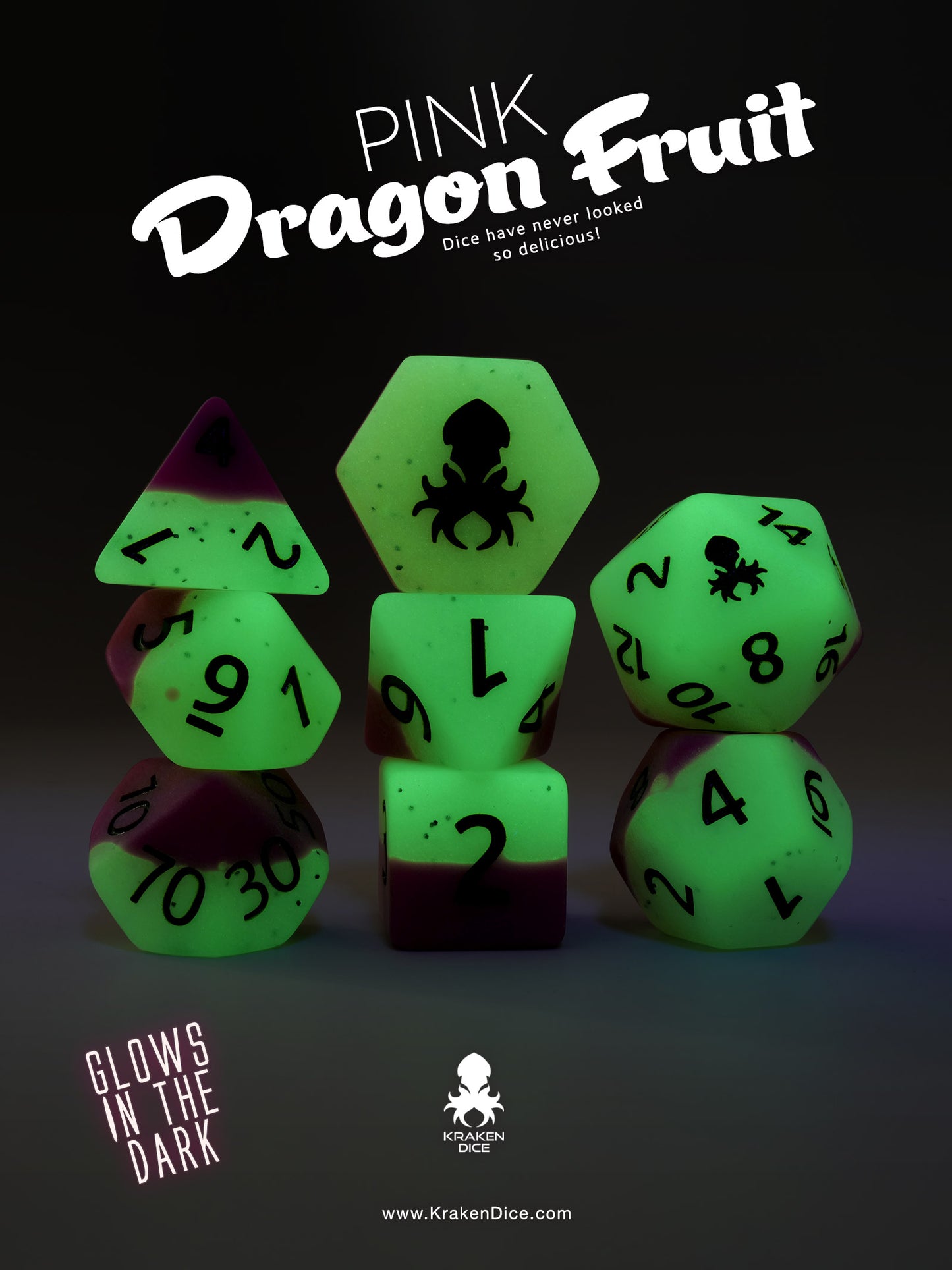 Pink Dragon Fruit Glow in the Dark 8pc Dice Set inked in Green