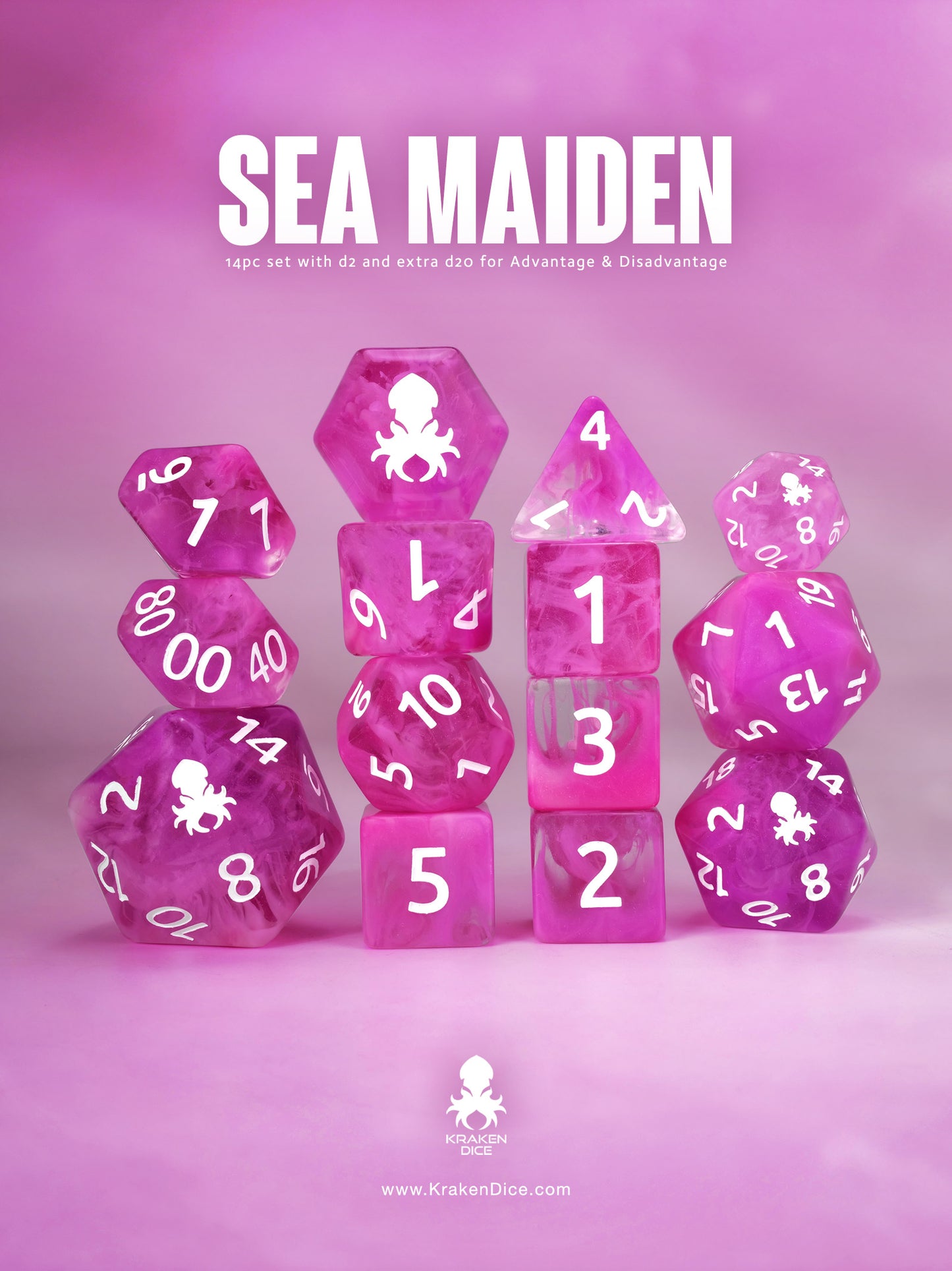 Sea Maiden 14pc Dice Set inked in White