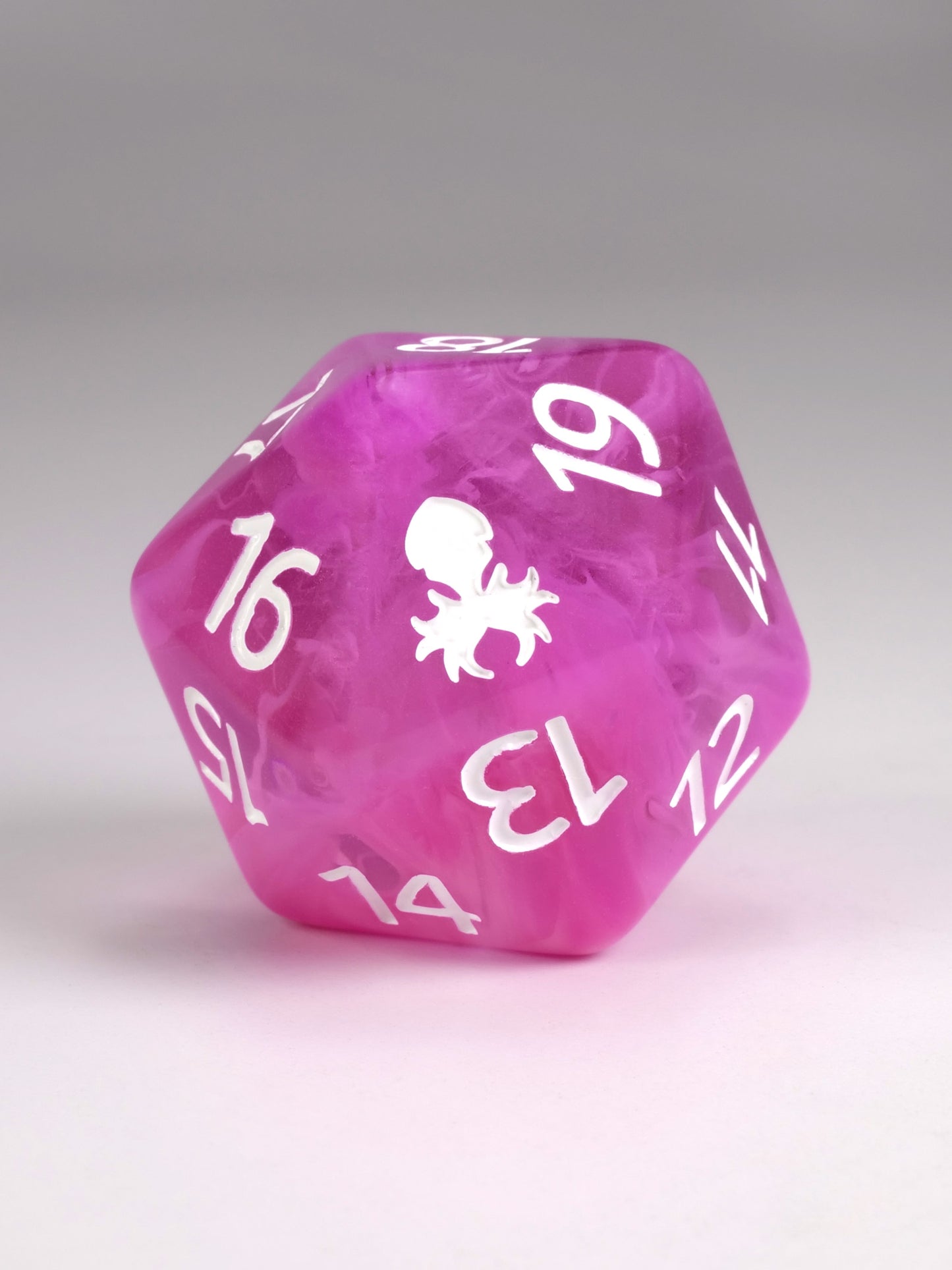 Purple polyhedral dice with white numbers on a gray background Sea Maiden d20 spindown life counter for MTG