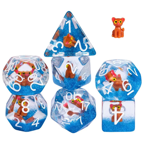 Brown Cat 7pc Dice Set Inked in White