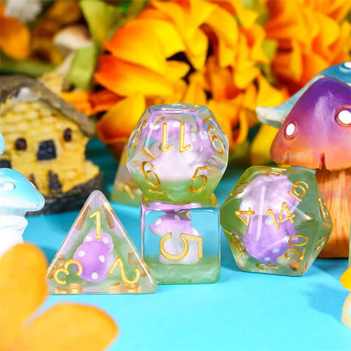 Purple Mushrooms 7pc Dice Set Inked in Gold